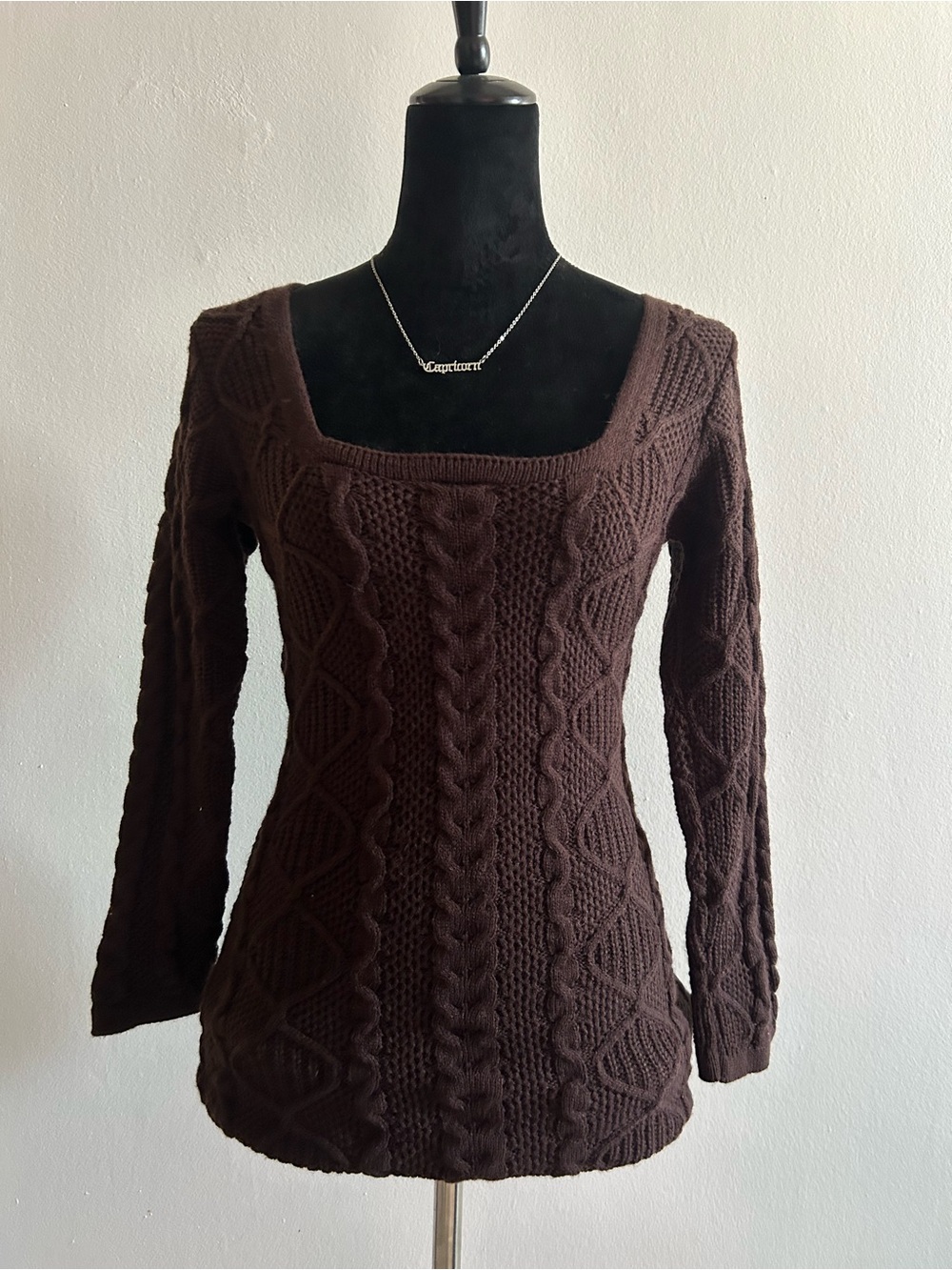 PrettyLittleThing Brown Cable Knit Off-Shoulder Sweater Dress